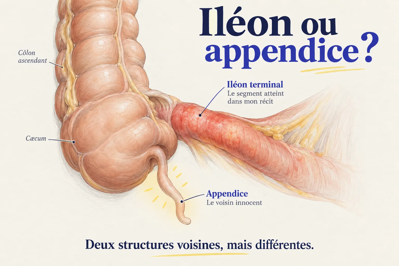 L'iléon terminal enflammé et, juste à côté, l'appendice accroché au cæcum : deux structures voisines en bas à droite de l'abdomen