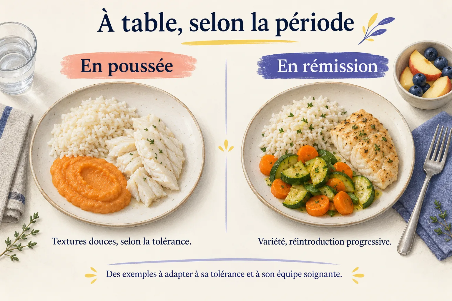 Deux assiettes côte à côte : en poussée, riz blanc, poisson blanc et purée de carottes ; en rémission, riz aux herbes, poulet, courgettes, carottes et fruits frais