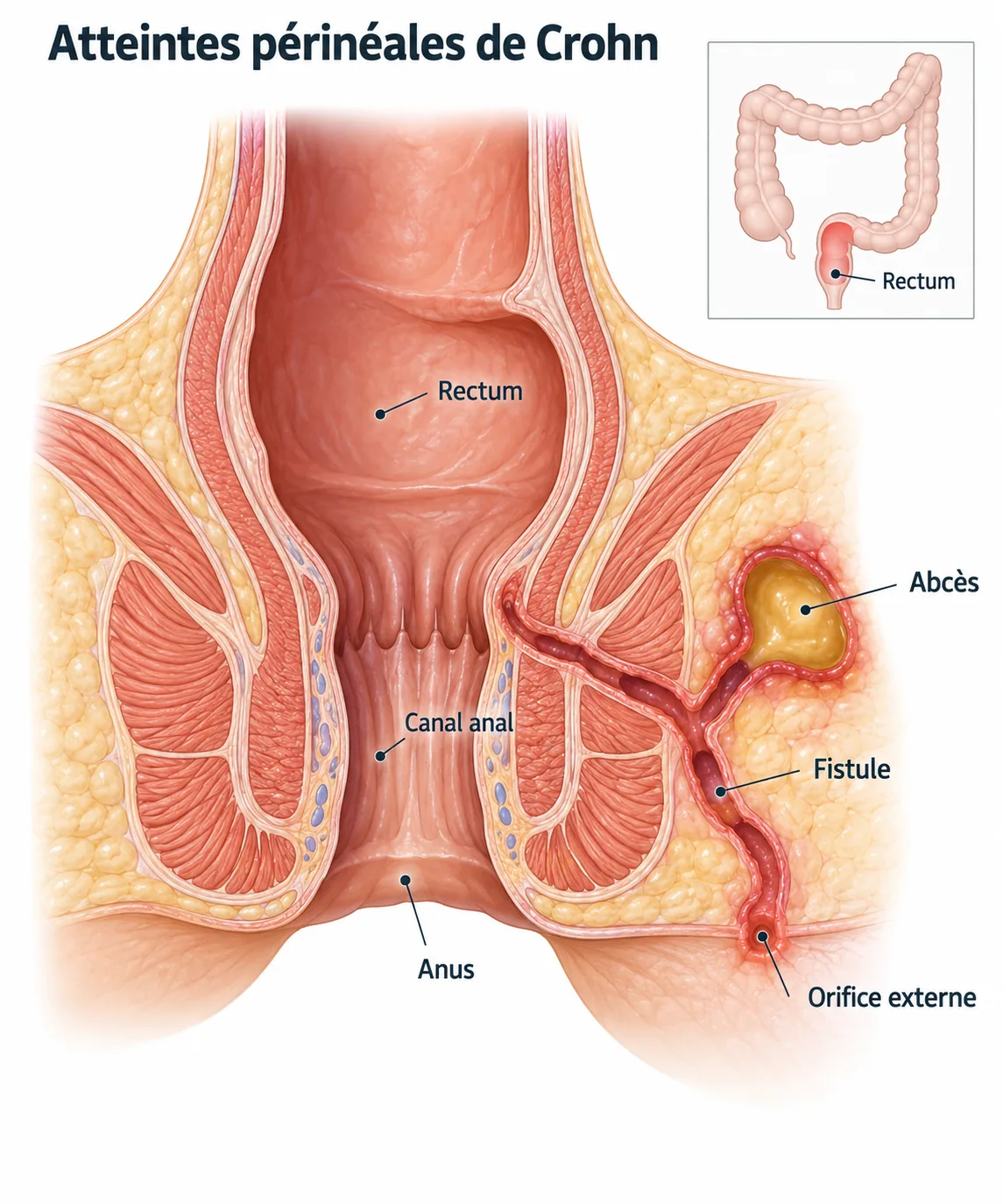 Coupe de la région anale montrant le rectum, le canal anal, le trajet d'une fistule, l'abcès et l'orifice externe sur la peau