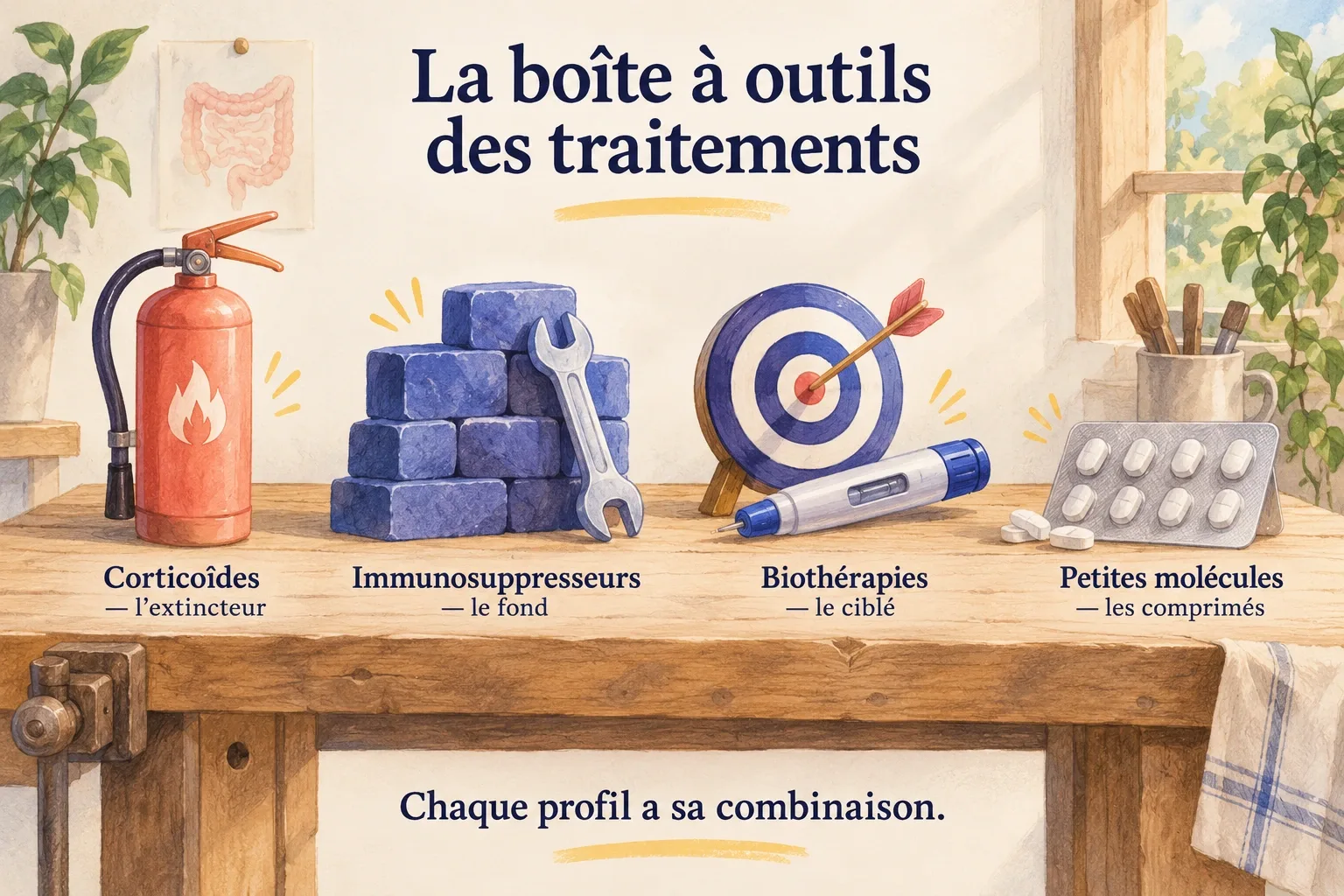 Un établi avec quatre familles de traitements : extincteur pour les corticoïdes, briques et clé pour les immunosuppresseurs, cible et stylo injecteur pour les biothérapies, plaquette de comprimés pour les petites molécules