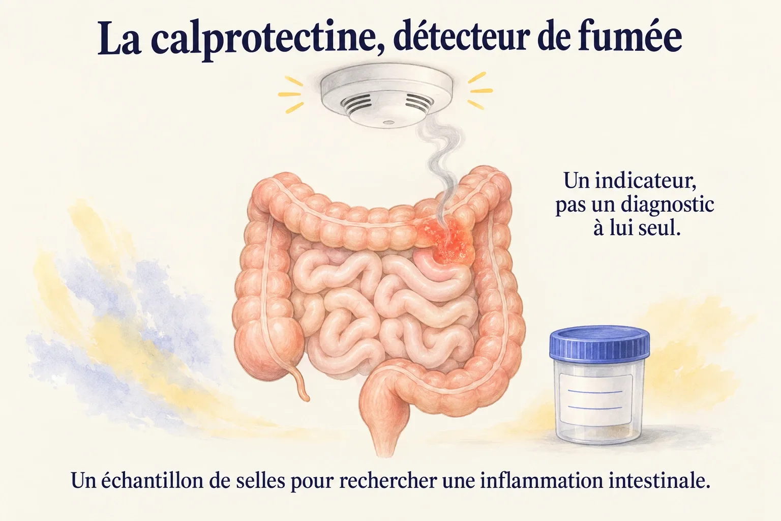 Un détecteur de fumée au-dessus d'un intestin dont une zone enflammée dégage un filet de fumée, avec un pot de prélèvement