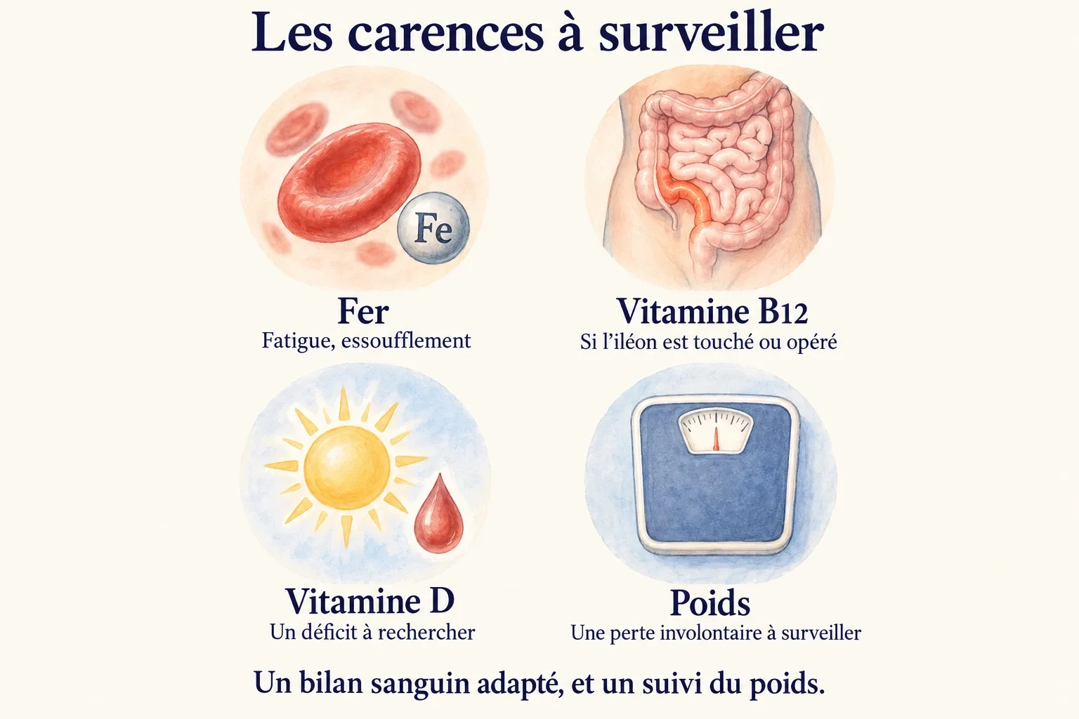 Quatre médaillons : globules rouges et fer, intestin et vitamine B12, soleil et vitamine D, balance et poids