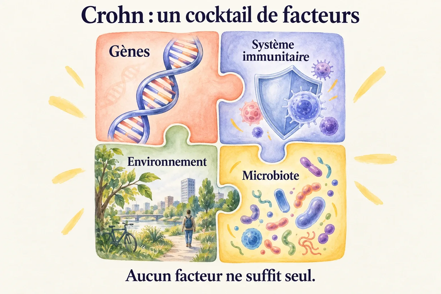 Quatre pièces de puzzle assemblées : gènes, système immunitaire, environnement et microbiote