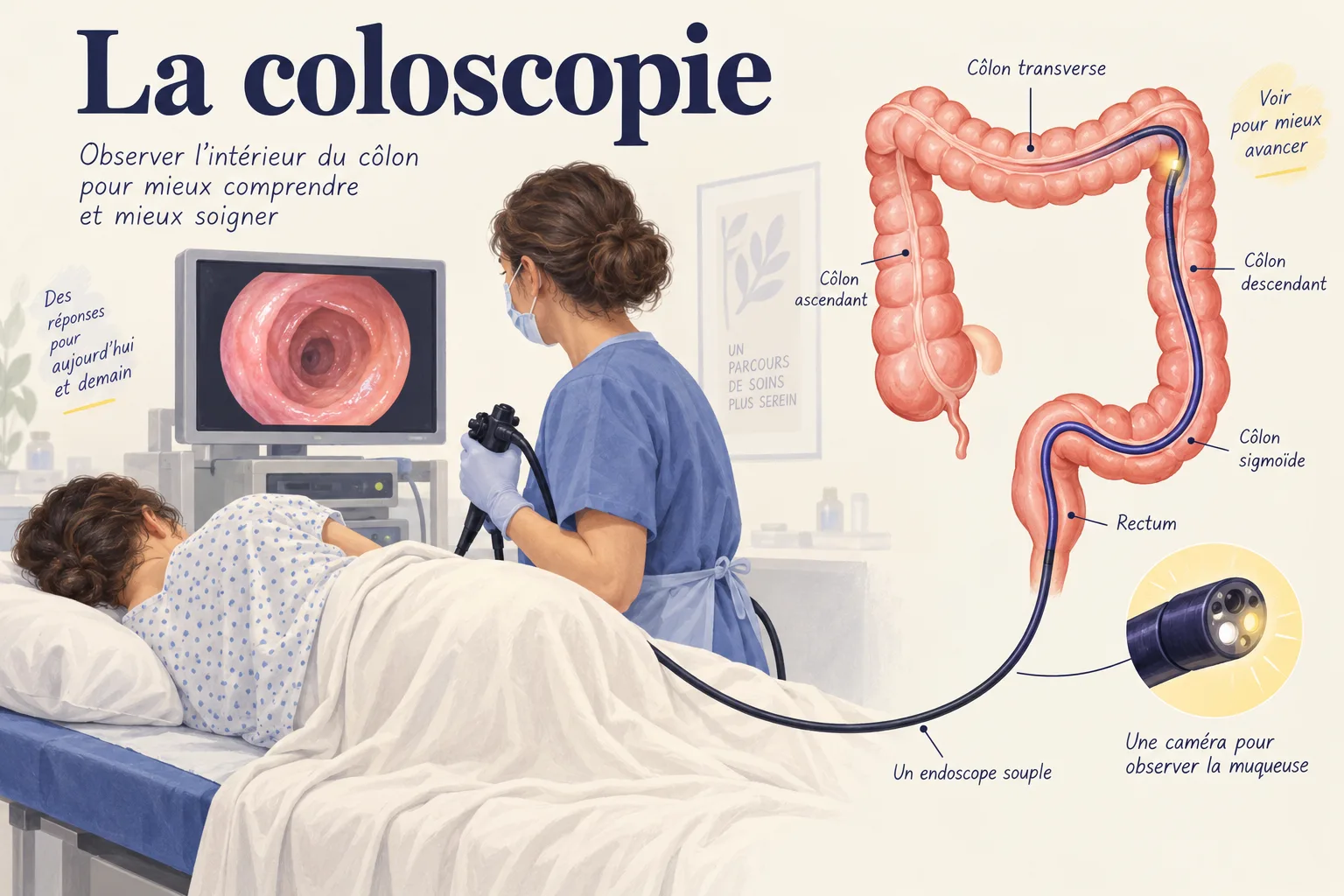 Déroulé d'une coloscopie : le patient allongé sur le côté, l'écran de contrôle, et le trajet de l'endoscope souple qui remonte le côlon du rectum au côlon transverse