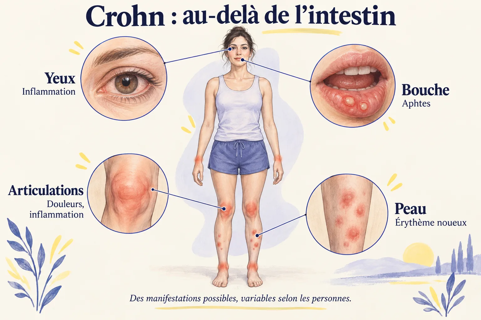 Silhouette avec les manifestations extra-intestinales possibles du Crohn : inflammation des yeux, aphtes dans la bouche, douleurs articulaires, érythème noueux sur la peau