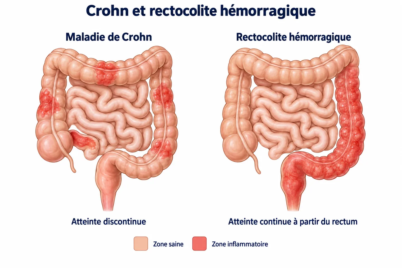 Comparaison entre la maladie de Crohn, aux atteintes discontinues, et la rectocolite hémorragique, à l'atteinte continue depuis le rectum
