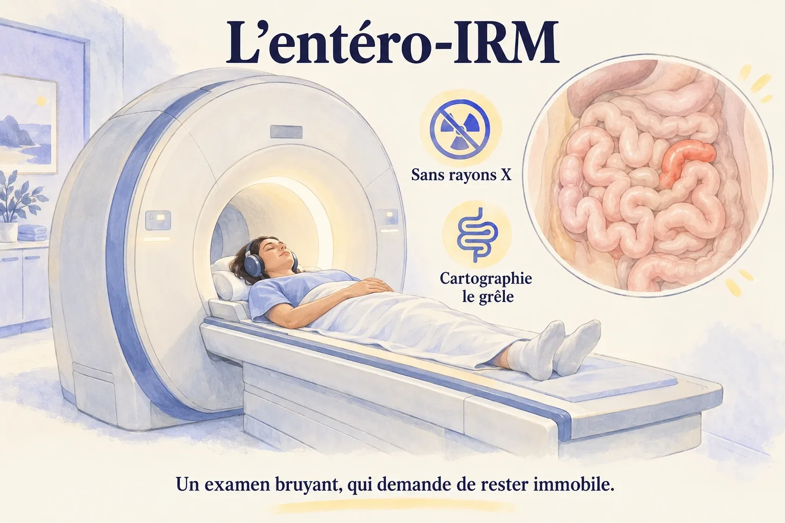 Un patient allongé entre dans l'anneau de l'IRM, avec en médaillon la carte de l'intestin grêle et un segment atteint surligné