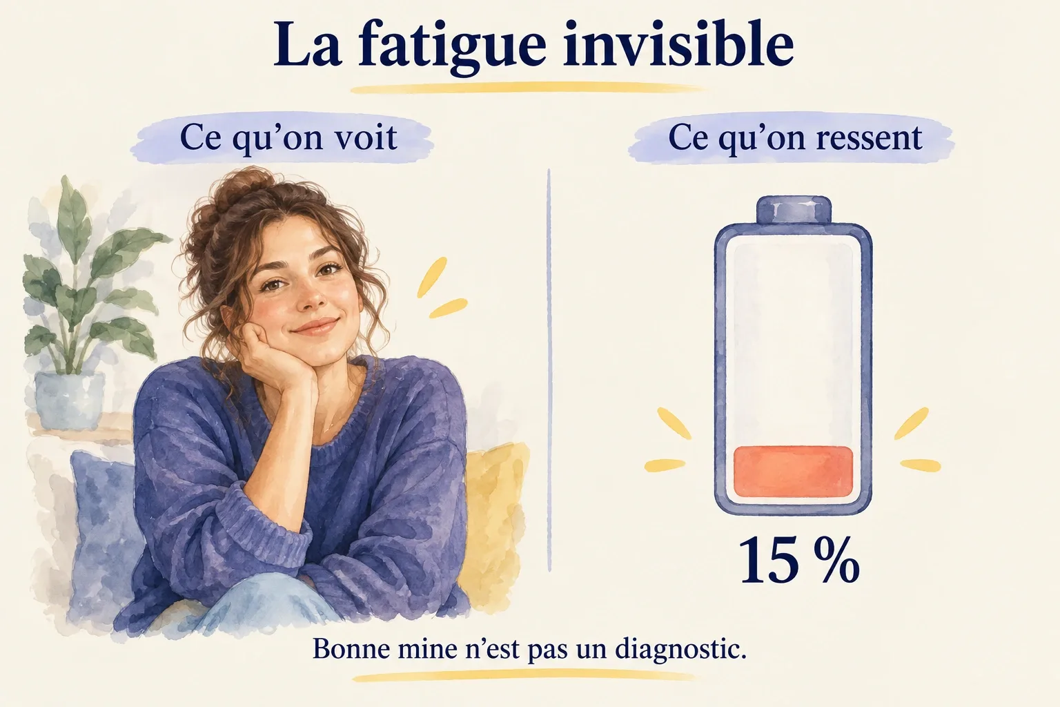 À gauche une personne souriante qui a bonne mine, à droite une batterie presque vide à 15 %