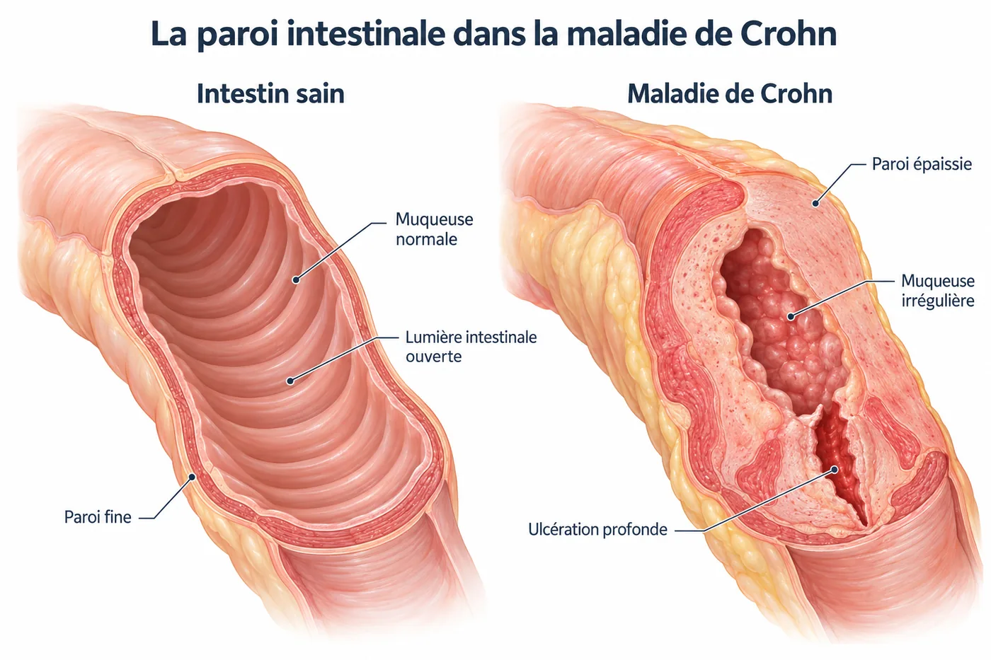 Paroi intestinale saine, fine et souple, comparée à la paroi épaissie, irrégulière et ulcérée de la maladie de Crohn