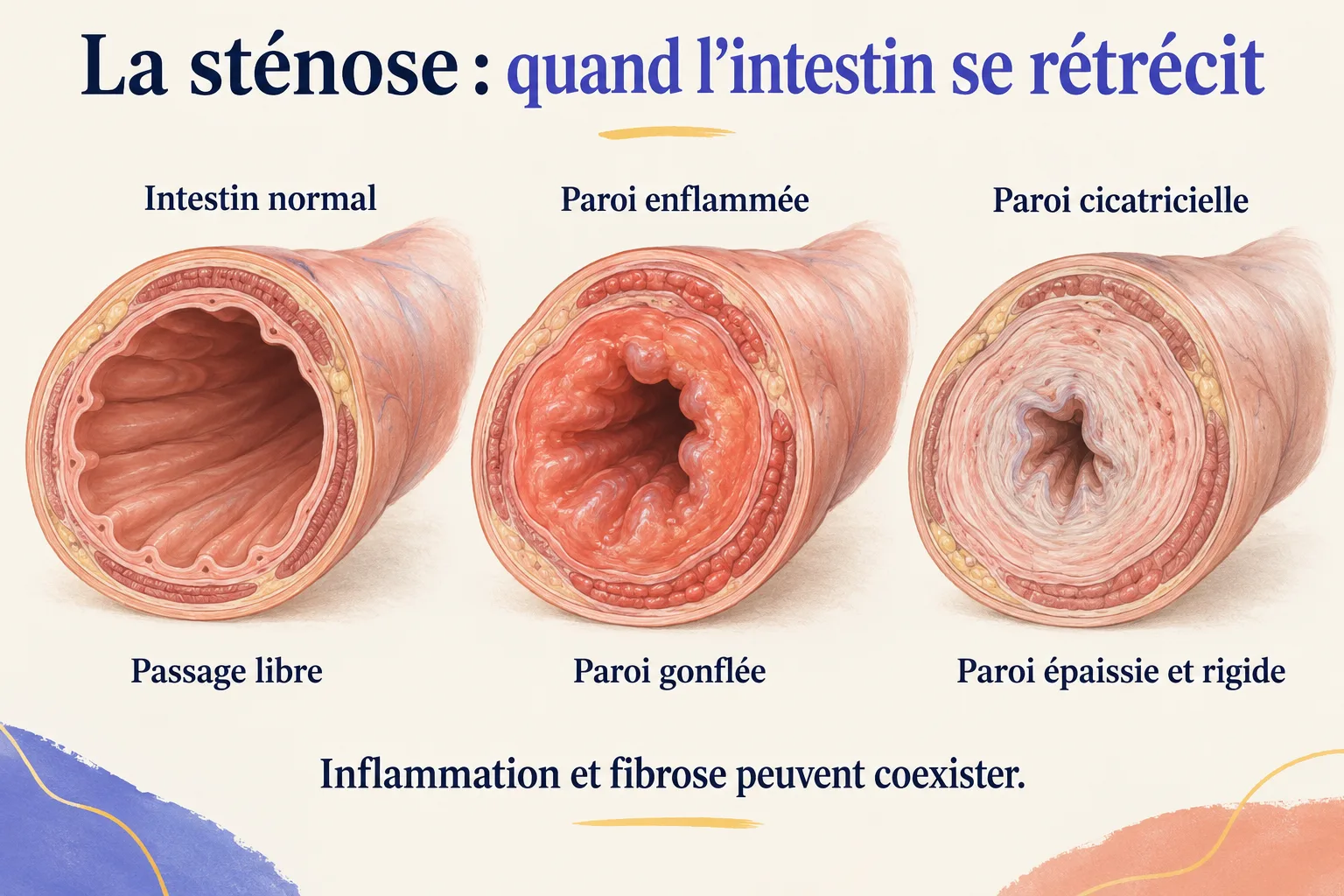 Trois étapes : intestin normal au passage large, sténose inflammatoire à la paroi gonflée, sténose fibreuse cicatricielle