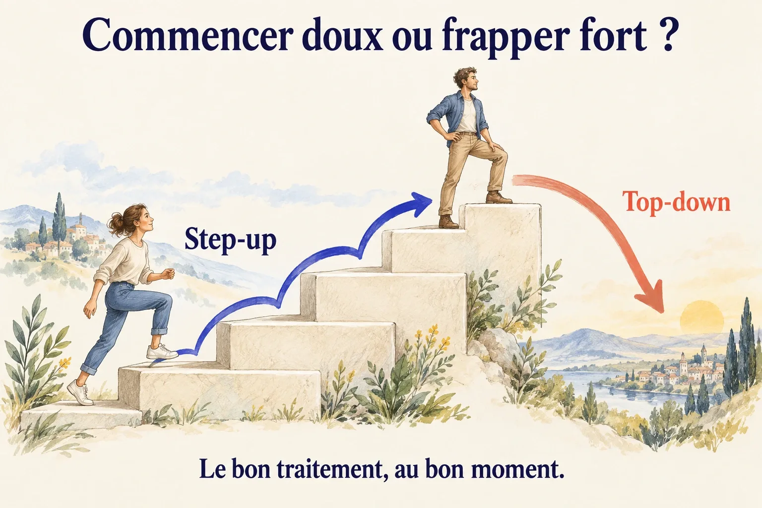 Un escalier gravi marche par marche pour le step-up, et une flèche qui part du sommet pour le top-down