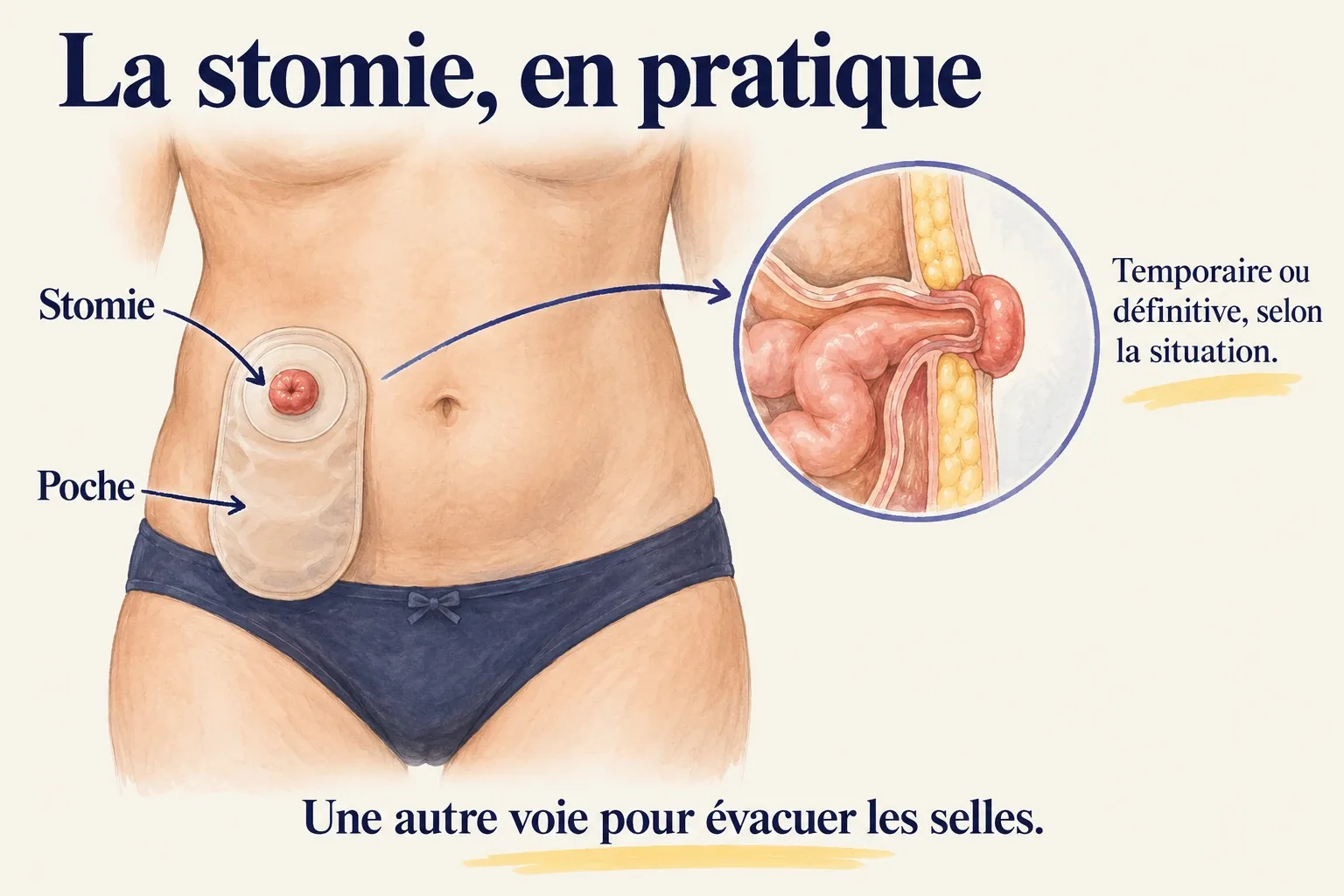 Schéma d'un abdomen avec la stomie et sa poche discrète, et en médaillon l'intestin abouché à la peau vu en coupe